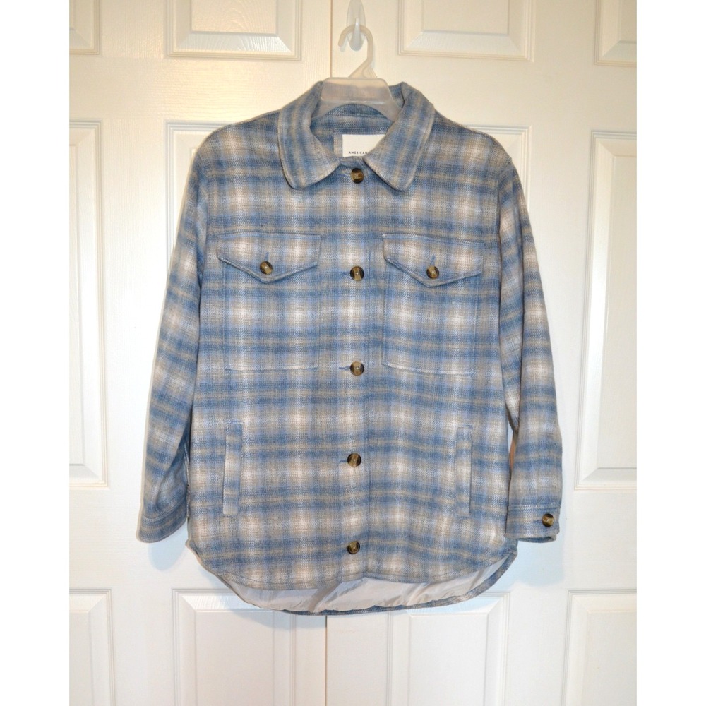 American Eagle Womens Size M Blue Plaid‎ Shacket Oversized Lined Nice!
